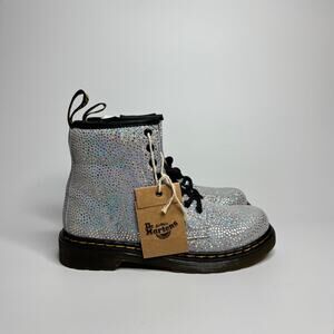 Dr. Martens Junior 1460 Metallic Suede Lace Up Boots in Silver